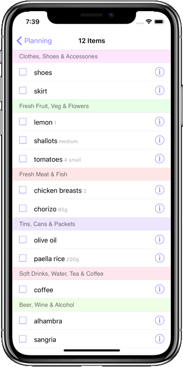 The shopping list after it has been automatically arranged based on supermarket layout